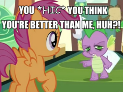 Size: 665x500 | Tagged: safe, screencap, scootaloo, spike, dragon, g4, drunk, drunker spike, go home you're drunk