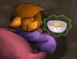 Size: 1280x976 | Tagged: safe, artist:marsminer, oc, oc only, oc:venus spring, blanket, burrito pony, cute, fed, female, filly, smiling, soup, that pony sure does love soup, venus spring actually having a pretty good time