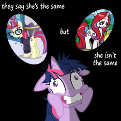 Size: 768x768 | Tagged: safe, artist:andy price, artist:supermatt314, idw, moondancer, twilight sparkle, amending fences, g4, comic drama, comparison, contradiction, floppy ears, idw canon drama, twilight snapple