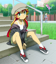 Size: 900x1022 | Tagged: safe, artist:uotapo, pinkie pie, rainbow dash, sunset shimmer, human, equestria girls, g4, alternate clothes, basketball, beautiful, boots, clothes, colored pupils, converse, cute, female, flat cap, hat, high heel boots, jacket, looking at you, newsboy hat, pinkie being pinkie, pinkie physics, pretty, shimmerbetes, shoes, shorts, sitting, skirt, slam dunk, smiling, socks, solo focus, sweater, tank top, uotapo is trying to murder us, when she smiles