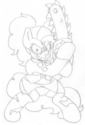 Size: 1429x2105 | Tagged: safe, artist:blackbewhite2k7, pinkie pie, earth pony, pony, g4, alternate hairstyle, alternate universe, bipedal, chainsaw, harley quinn, insanity, justice league: gods and monsters, monochrome, pinkamena diane pie