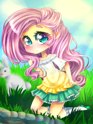 Size: 768x1024 | Tagged: safe, artist:iponylover, angel bunny, fluttershy, human, g4, clothes, female, humanized, looking at you, skirt, solo