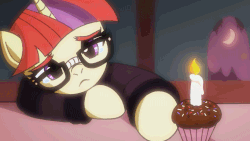 Size: 1280x720 | Tagged: safe, artist:fantasyblade, moondancer, pony, unicorn, amending fences, g4, alone, animated, candle, crying, cupcake, cute, dancerbetes, feels, female, fire, frame by frame, frown, glasses, happy birthday to me, lonely, sad, sadorable, solo, woobie