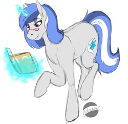 Size: 1280x1237 | Tagged: safe, artist:mamachubs, oc, oc only, oc:apologue, pony, unicorn, book, equine, female, glowing, glowing horn, horn, levitation, mare, reading, solo, trotting