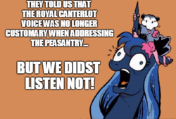 Size: 490x332 | Tagged: safe, idw, princess luna, tiberius, g4, micro-series #10, my little pony micro-series, derp, exploitable meme, i didn't listen, image macro, meme, open mouth, tongue out, ye olde butcherede englishe