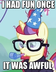 Size: 318x409 | Tagged: safe, screencap, moondancer, pony, unicorn, amending fences, g4, season 5, female, grumpy cat, hark a vagrant, hat, i had fun once and it was awful, image macro, meme, moondancer is not amused, noisemaker, party hat, party horn, solo, unamused
