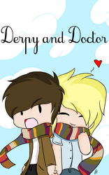 Size: 800x1280 | Tagged: safe, artist:cute_pinkie7, derpy hooves, doctor whooves, time turner, human, g4, chibi, clothes, female, fourth doctor's scarf, humanized, love, male, scarf, ship:doctorderpy, shipping, straight, striped scarf