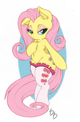 Size: 655x1000 | Tagged: safe, artist:deeriojim, artist:dfectivedvice, fluttershy, pony, semi-anthro, g4, arm hooves, bedroom eyes, bipedal, chest fluff, clothes, colored, eyeshadow, female, looking at you, makeup, pink eyeshadow, socks, solo, thigh highs, thunder thighs