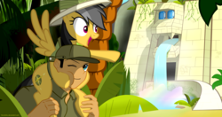 Size: 3800x2000 | Tagged: safe, artist:ponyecho, daring do, human, g4, anonymous, cute, daring dorable, high res, jungle, piggyback ride, show accurate, squishy cheeks, temple, waterfall