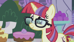 Size: 960x540 | Tagged: safe, edit, screencap, moondancer, pony, unicorn, amending fences, g4, season 5, adorkable, animated, bittersweet, broken glasses, bush, cake, canterlot, caption, cute, dancerbetes, dork, excited, female, glasses, happy, hnnng, mare, party, pillar, solo, subtitles, table, text, this ended in tears, this will end in tears
