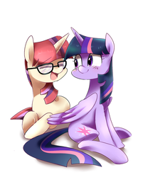 Size: 1000x1200 | Tagged: safe, artist:sion-ara, moondancer, twilight sparkle, alicorn, pony, amending fences, g4, cute, eyes closed, female, glasses, lesbian, mare, open mouth, ship:twidancer, shipping, sitting, smiling, twilight sparkle (alicorn)
