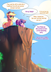 Size: 700x990 | Tagged: safe, artist:bakki, applejack, twilight sparkle, alicorn, pony, yak, g4, party pooped, bad end, cliff, dialogue, female, implied death, implied murder, looking down, mare, open mouth, twilight sparkle (alicorn)