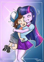 Size: 2894x4093 | Tagged: safe, artist:tokatl, twilight sparkle, equestria girls, g4, age difference, blushing, boob smothering, boyfriend and girlfriend, clothes, crossover, crossover shipping, diplight, dipper pines, eyes closed, female, gravity falls, having a moment, hug, male, shipping, skirt, smiling, straight