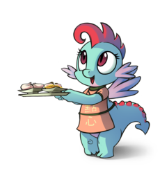Size: 2383x2592 | Tagged: safe, artist:dimfann, oc, oc only, oc:dim sum the dragon, dragon, apron, clothes, cute, dim sum, dumplings, high res, looking up, namesake, open mouth, smiling, solo