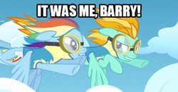 Size: 540x281 | Tagged: safe, edit, edited screencap, screencap, lightning dust, rainbow dash, pegasus, pony, g4, my little pony: friendship is magic, wonderbolts academy, barry allen, clothes, dc comics, duo, duo female, eobard thawne, female, flying, image macro, it was me barry!, justice league, mare, meme, professor zoom, reverse dash, reverse-flash, the flash, uniform, wonderbolt trainee uniform, wonderbolts, zoom, zoomposting