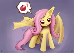 Size: 1209x866 | Tagged: safe, artist:howxu, fluttershy, bat pony, pony, g4, apple, cute, female, flutterbat, food, mare, open mouth, question mark, shyabates, shyabetes, solo