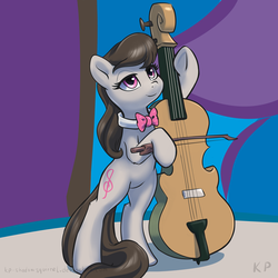 Size: 1500x1500 | Tagged: safe, artist:kp-shadowsquirrel, octavia melody, earth pony, pony, g4, bipedal, bow (instrument), bowtie, cello, female, lidded eyes, mare, musical instrument, octavia's bowtie, playing instrument, signature, solo