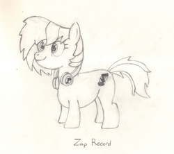 Size: 2279x2028 | Tagged: safe, artist:chronicle23, oc, oc only, oc:zap record, earth pony, pony, female, headphones, high res, mare, monochrome, pencil drawing, solo, traditional art