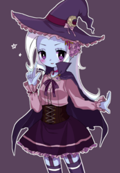 Size: 900x1295 | Tagged: safe, artist:weiliy, trixie, equestria girls, g4, blushing, clothes, cute, diatrixes, dress, equestria girls-ified, female, garter belt, hat, purple background, simple background, solo, stars, witch, witch hat