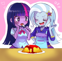 Size: 700x693 | Tagged: safe, artist:weiliy, trixie, twilight sparkle, equestria girls, g4, :o, blushing, cute, diatrixes, duo, eating, eyes closed, female, lesbian, omelette, omurice, open mouth, ship:twixie, shipping, smiling, starry eyes, twiabetes, wingding eyes