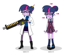 Size: 1000x700 | Tagged: safe, artist:hellarmy, sci-twi, twilight sparkle, equestria girls, g4, my little pony equestria girls: friendship games, clothes, expectation vs reality, female, glasses, gun, japanese, lab coat, school uniform, senpai, simple background, solo, weapon, white background
