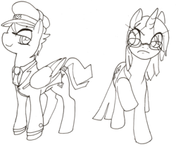 Size: 1095x914 | Tagged: safe, artist:gravekeeper, oc, oc only, oc:holly diver, oc:miss spelling, pegasus, pony, unicorn, fanfic:the ballad of twilight sparkle, clothes, duo, duo female, fanfic art, female, glasses, hat, mare, monochrome, necktie, raised hoof, sketch, tail wrap, uniform