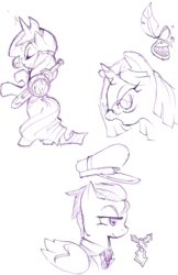 Size: 873x1346 | Tagged: safe, artist:gravekeeper, rarity, oc, oc:holly diver, oc:miss spelling, pegasus, pony, unicorn, fanfic:the ballad of twilight sparkle, g4, clothes, cutie mark, fanfic art, female, glasses, halberd, hat, mare, monochrome, necktie, rearing, shield, sketch, sword, uniform, warity, weapon