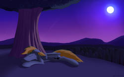 Size: 2248x1405 | Tagged: safe, artist:crusierpl, oc, oc only, oc:alone wolf, pegasus, pony, moon, night, night sky, prone, shooting star, sleeping