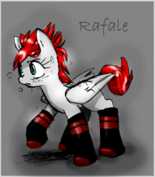 Size: 785x898 | Tagged: safe, artist:gravekeeper, artist:unitoone, oc, oc only, oc:rafale mistral, pegasus, pony, fanfic:the ballad of twilight sparkle, clothes, colored, embarrassed, fanfic art, female, freckles, mare, socks, solo, wavy mouth