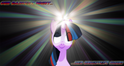 Size: 850x456 | Tagged: safe, artist:gravekeeper, twilight sparkle, pony, unicorn, fanfic:the ballad of twilight sparkle, g4, alternate hair color, billboard, cover art, fanfic art, female, glowing eyes, light, magic, mare, solo