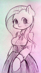 Size: 576x1024 | Tagged: safe, artist:ayahana, fluttershy, anthro, g4, clothes, dress, female, grayscale, monochrome, solo, traditional art
