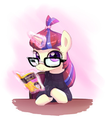 Size: 890x1027 | Tagged: safe, artist:frankier77, moondancer, pony, unicorn, amending fences, g4, adorkable, book, chair, clothes, cute, dancerbetes, dork, female, leaning, looking at you, magic, mare, smiling, solo, telekinesis