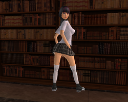 Size: 1280x1024 | Tagged: safe, artist:sith, twilight sparkle, human, g4, 3d, anatomically incorrect, clothes, female, humanized, library, looking back, school uniform, schoolgirl, solo