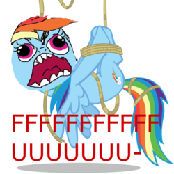 Size: 640x640 | Tagged: safe, edit, rainbow dash, fall weather friends, g4, my little pony: friendship is magic, meme, rage face, rope, simple background, text, tied up, transparent background