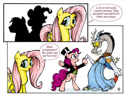 Size: 900x692 | Tagged: safe, artist:halfsparkle, big macintosh, discord, fluttershy, pinkie pie, earth pony, pony, ask sex-positive fluttershy, g4, ask, clothes, comic, crossdressing, dress, male, silhouette, stallion, tumblr, tuxedo