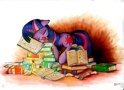 Size: 2000x1455 | Tagged: safe, artist:ecmonkey, twilight sparkle, g4, book, book nest, bookhorse, candle, female, princess sleeping on books, sleeping, snoring, solo, that pony sure does love books, traditional art