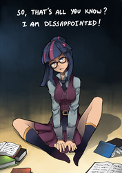 Size: 1000x1414 | Tagged: dead source, safe, artist:ponythehorsey, sci-twi, twilight sparkle, equestria girls, g4, my little pony equestria girls: friendship games, book, clothes, crystal prep academy, crystal prep academy uniform, dialogue, female, glasses, looking at you, missing shoes, school uniform, socks, solo, uniform