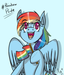 Size: 1200x1400 | Tagged: safe, artist:karmamoonshadow, rainbow dash, pegasus, pony, blue background, eye clipping through hair, female, flag, gay pride flag, hashtag, lgbt, lovewins, mare, open mouth, pride, pride flag, signature, simple background, solo, spread wings, wings