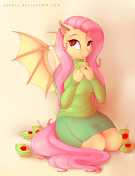Size: 2000x2600 | Tagged: safe, artist:evehly, fluttershy, anthro, g4, clothes, female, flutterbat, high res, juice box, solo, sweater, sweatershy