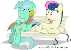 Size: 1242x875 | Tagged: safe, artist:misteraibo, bon bon, lyra heartstrings, sweetie drops, earth pony, eel, fish, pony, unicorn, g4, ^^, belly, bench, eyes closed, female, lesbian, mare, nuzzling, open mouth, ship:lyrabon, shipping, shocked, simple background, sitting lyra, transparent background, trio, vector