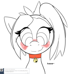 Size: 1280x1353 | Tagged: safe, artist:arkiiwarki, rumble, oc, oc:anon, ask trap-rumble, g4, alternate hairstyle, ask, bell, bell collar, blushing, choker, collar, cute, eyelashes, foal, giggling, laughing, male, trap, tumblr