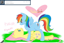 Size: 1350x900 | Tagged: safe, artist:retrokidz, fluttershy, rainbow dash, g4, backwards cutie mark, bedroom eyes, eye contact, female, frown, grass, lesbian, nervous, on back, ship:flutterdash, shipping, smiling, spread wings, tumblr