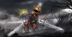 Size: 1300x675 | Tagged: safe, artist:foxinshadow, oc, oc only, oc:steel prism, pony, unicorn, ponyfinder, armor, dual wield, dungeons and dragons, eyepatch, magic, pen and paper rpg, rpg, solo, sword, telekinesis, weapon