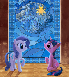 Size: 909x1024 | Tagged: dead source, safe, artist:maggwai, rarity, twilight sparkle, pony, unicorn, g4, duo, stained glass