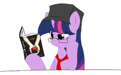 Size: 1390x862 | Tagged: safe, artist:melynxe, twilight sparkle, g4, book, female, glasses, hat, nostalgia critic, reading, solo, tgwtg, that guy with the glasses, twilight (series)