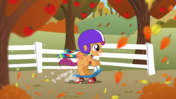 Size: 1920x1080 | Tagged: safe, artist:samuellassassin, scootaloo, g4, apple tree, autumn, clothes, female, helmet, scarf, scooter, solo, tree