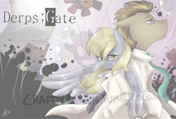 Size: 1280x867 | Tagged: safe, artist:craftykraken, derpy hooves, doctor whooves, time turner, earth pony, pony, g4, anime, bipedal, bubble, clothes, crossover, cuffs (clothes), gears, looking at you, looking up, necktie, obtrusive watermark, open mouth, spread wings, steins;gate, trenchcoat, watermark