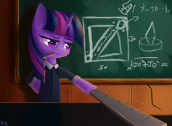 Size: 1671x1225 | Tagged: safe, artist:nod, twilight sparkle, pony, g4, bipedal, chalkboard, clothes, female, hoof hold, math, mouth hold, pencil, physics, ruler, school, science, solo, teacher