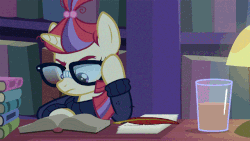 Size: 640x360 | Tagged: safe, artist:muffinshire, edit, edited screencap, screencap, moondancer, twilight sparkle, alicorn, pony, unicorn, amending fences, g4, season 5, adventure in the comments, animated, bedroom eyes, book, chocolate milk, duo, everything is ruined, female, frown, gif, glare, glass, glasses, grumpy, i can't believe it's not superedit, library, magic, mare, meme, moral event horizon, out of character, pure unfiltered evil, quill, reading, shhh, smiling, smug, smuglight sparkle, spill, spilled milk, talking, telekinesis, twilight sparkle (alicorn), unamused