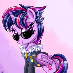 Size: 1000x1000 | Tagged: safe, artist:daniel-sg, commander easy glider, twilight sparkle, alicorn, pony, castle sweet castle, g4, testing testing 1-2-3, alternate hairstyle, ancient wonderbolts uniform, badge, butt, buttons, clothes, female, folded wings, gradient background, jacket, looking at you, mare, plot, punklight sparkle, smiling, solo, stupid sexy twilight, sunglasses, twilight sparkle (alicorn), wings, wonderbolts logo